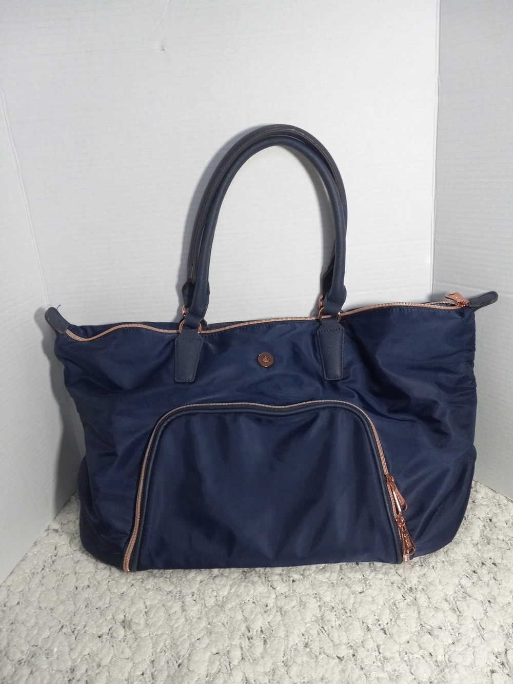 Aimee Kestenberg Navy Tote Travel Laptop Bag with Rose Gold Trim